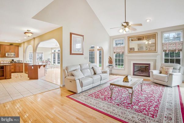 Fireplace, Interior, Kitchen, Living room, Recessed Lighting, Wood Texture Flooring