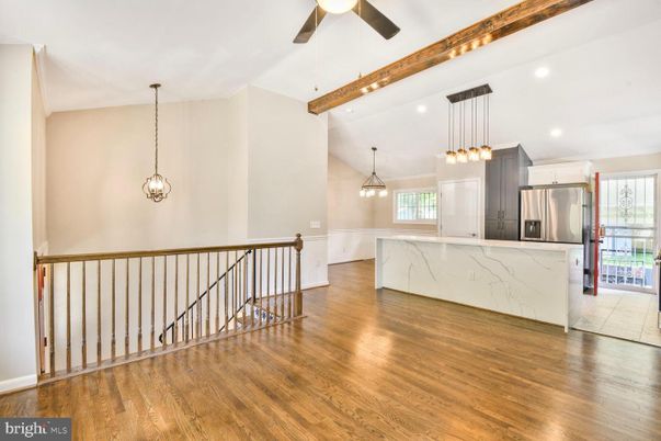 Interior, Kitchen, Pendant Lights, Recessed Lighting, Stainless Steel Appliances, Wooden Beams, Wood Texture Flooring