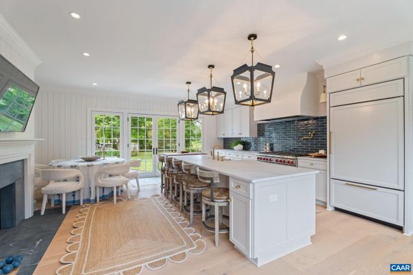 Dining room, Fireplace, Interior, Kitchen, Pendant Lights, Recessed Lighting, Wood Texture Flooring