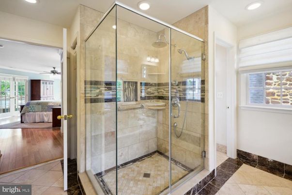 Bathroom, Bedroom, Glass Shower, Interior, Recessed Lighting, Wood Texture Flooring