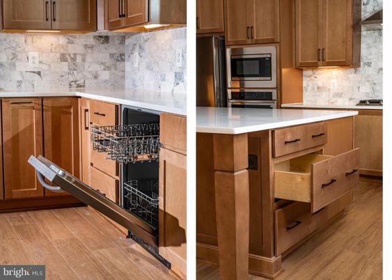 Interior, Kitchen, Marble Walls, Stainless Steel Appliances, Wood Texture Flooring