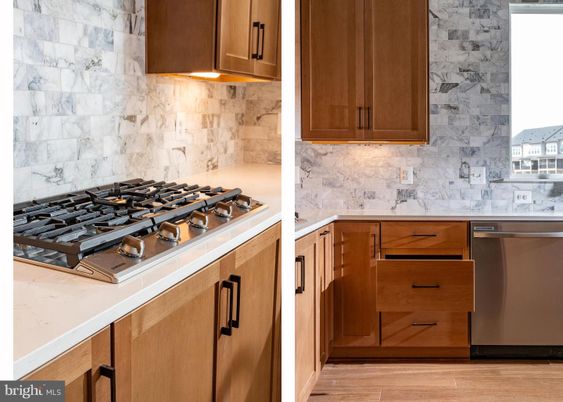 Interior, Kitchen, Marble Walls, Stainless Steel Appliances, Wood Texture Flooring