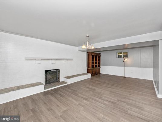 Empty room, Fireplace, Interior, Pendant Lights, Wood Texture Flooring