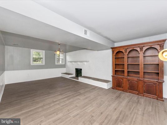 Empty room, Fireplace, Interior, Pendant Lights, Wood Texture Flooring