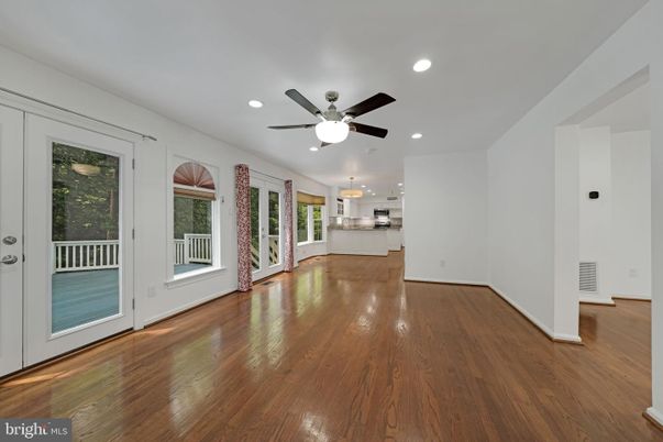 Empty room, Interior, Kitchen, Pendant Lights, Recessed Lighting, Wood Texture Flooring