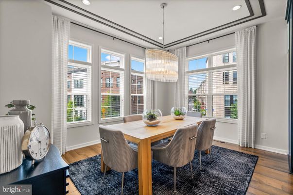 Chandelier, Dining room, Interior, Recessed Lighting, Wood Texture Flooring