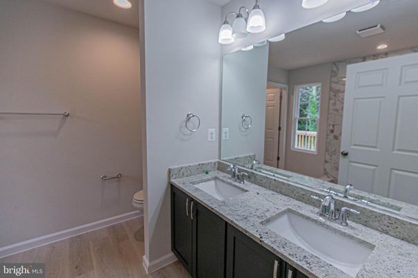 Bathroom, Dual Sink Vanities, Interior, Recessed Lighting, Wood Texture Flooring