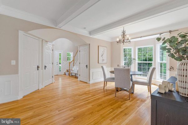 Chandelier, Dining room, Interior, Wood Texture Flooring