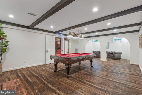 Billiard Table, Game Room, Interior, Pendant Lights, Recessed Lighting, Wooden Beams, Wood Texture Flooring