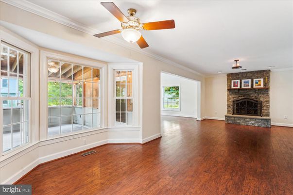 Empty room, Fireplace, Interior, Stone Walls, Wood Texture Flooring