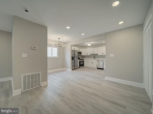 Empty room, Interior, Kitchen, Pendant Lights, Recessed Lighting, Stainless Steel Appliances, Wood Texture Flooring