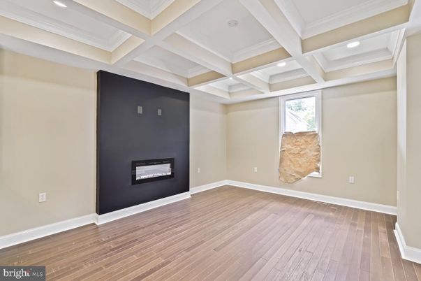 Empty room, Fireplace, Interior, Recessed Lighting, Wood Texture Flooring