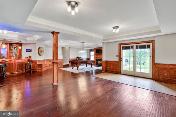 Billiard Table, Dining room, Game Room, Interior, Pendant Lights, Recessed Lighting, Wood Texture Flooring