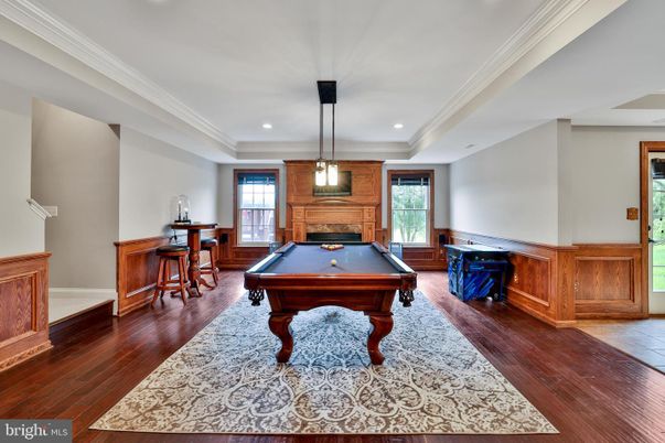 Billiard Table, Game Room, Interior, Pendant Lights, Recessed Lighting, Wood Texture Flooring