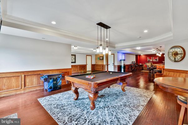 Billiard Table, Game Room, Interior, Pendant Lights, Recessed Lighting, Wood Texture Flooring