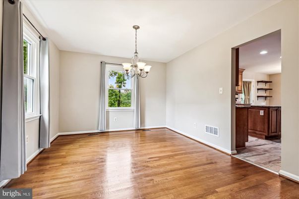 Chandelier, Empty room, Interior, Recessed Lighting, Wood Texture Flooring