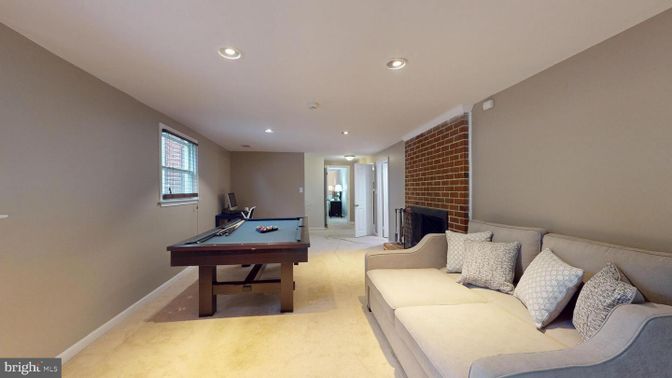 Billiard Table, Fireplace, Game Room, Interior, Living room, Recessed Lighting, Stone Walls