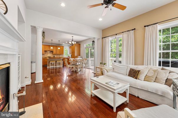 Dining room, Fireplace, Interior, Kitchen, Living room, Pendant Lights, Recessed Lighting, Wood Texture Flooring