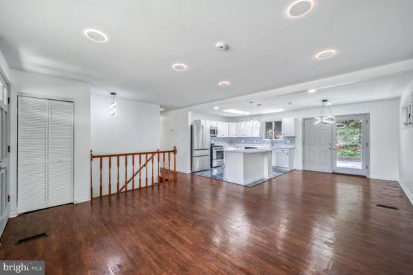 Empty room, Interior, Kitchen, Pendant Lights, Recessed Lighting, Wood Texture Flooring
