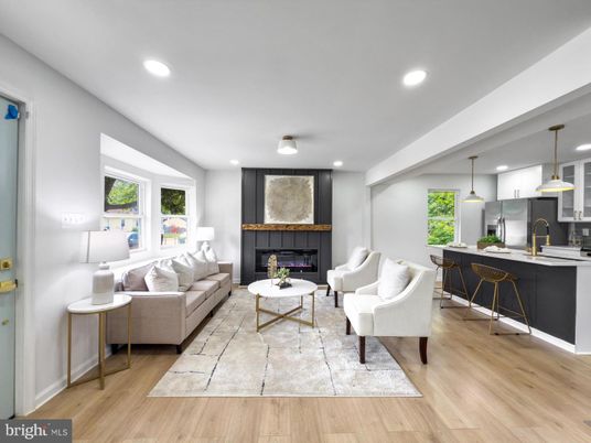 Fireplace, Interior, Kitchen, Living room, Pendant Lights, Recessed Lighting, Wood Texture Flooring