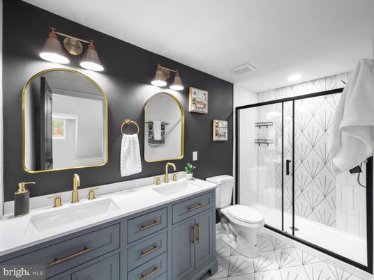 Bathroom, Dual Sink Vanities, Glass Shower, Interior, Marble, Recessed Lighting