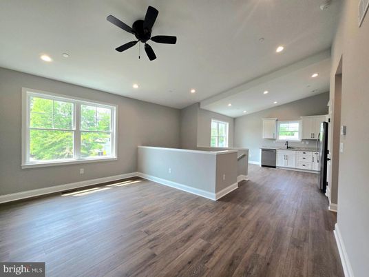 Empty room, Interior, Kitchen, Recessed Lighting, Wood Texture Flooring