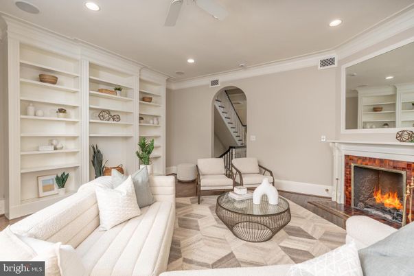 Fireplace, Interior, Living room, Recessed Lighting, Wood Texture Flooring