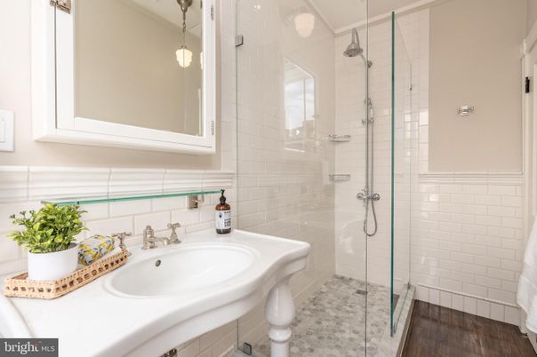 Bathroom, Glass Shower, Interior, Wood Texture Flooring