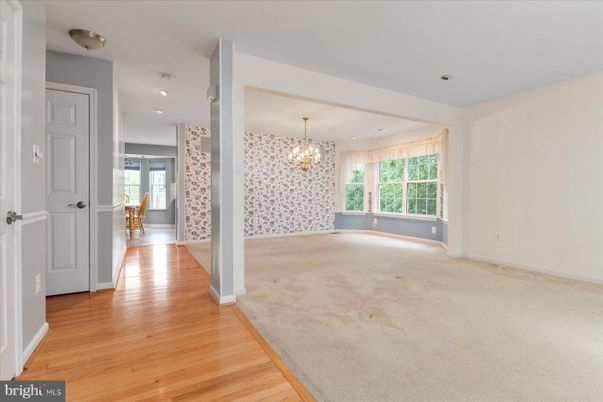 Chandelier, Empty room, Interior, Recessed Lighting, Wood Texture Flooring