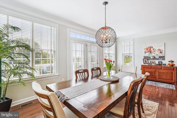 Dining room, Interior, Pendant Lights, Wood Texture Flooring