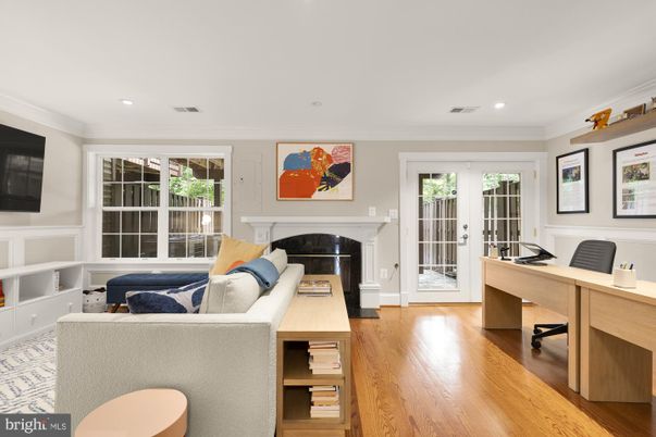 Fireplace, Home Office, Interior, Living room, Recessed Lighting, Wood Texture Flooring