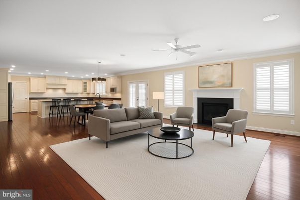 Dining room, Fireplace, Interior, Kitchen, Living room, Pendant Lights, Recessed Lighting, Stainless Steel Appliances, Wood Texture Flooring