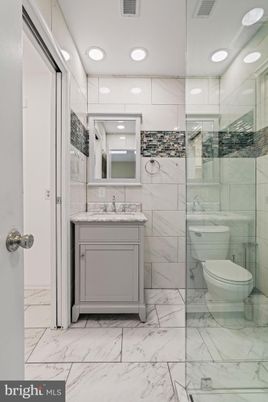 Bathroom, Glass Shower, Interior, Marble, Marble Walls, Recessed Lighting
