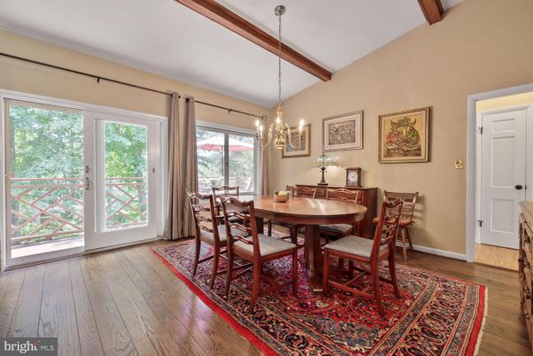 Chandelier, Dining room, Interior, Pendant Lights, Wooden Beams, Wood Texture Flooring