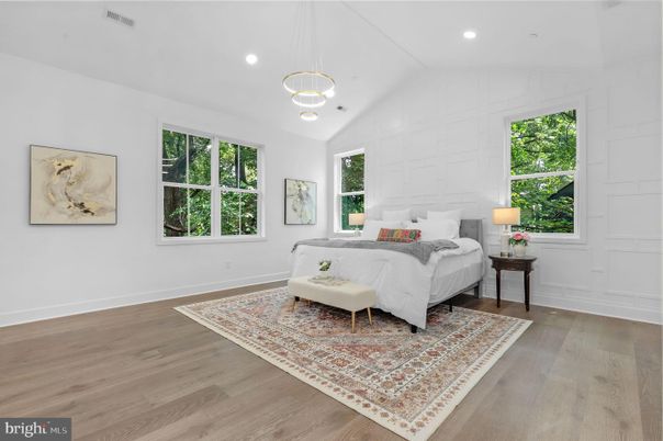 Bedroom, Interior, Pendant Lights, Recessed Lighting, Wood Texture Flooring