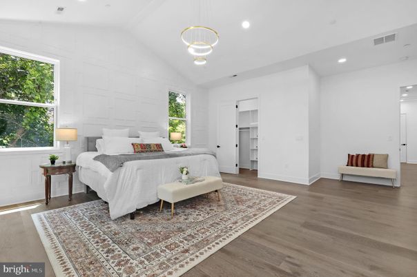 Bedroom, Interior, Pendant Lights, Recessed Lighting, Wood Texture Flooring