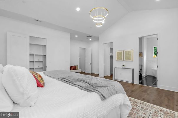 Bedroom, Interior, Pendant Lights, Recessed Lighting, Wood Texture Flooring