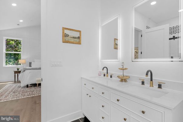 Bathroom, Bedroom, Dual Sink Vanities, Interior, Recessed Lighting, Wood Texture Flooring