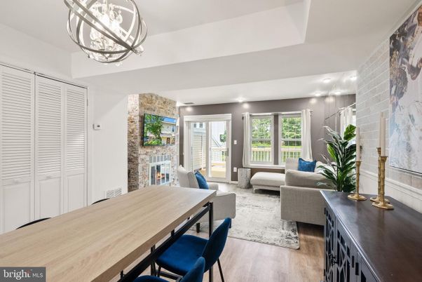 Dining room, Fireplace, Interior, Living room, Stone Walls, Wood Texture Flooring
