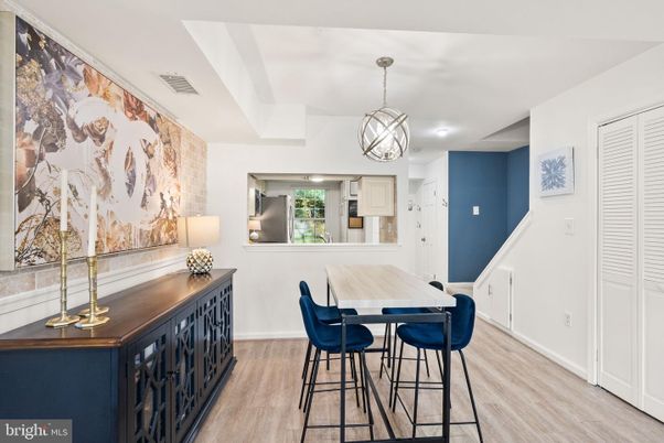 Dining room, Interior, Pendant Lights, Wood Texture Flooring