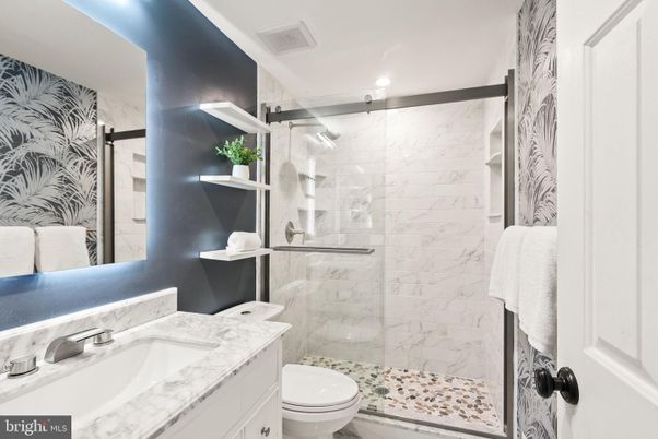 Bathroom, Glass Shower, Interior, Marble Walls, Recessed Lighting