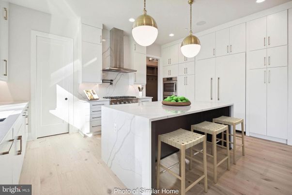 Interior, Kitchen, Marble Walls, Pendant Lights, Recessed Lighting, Wood Texture Flooring