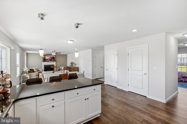 Fireplace, Interior, Living room, Pendant Lights, Recessed Lighting, Wood Texture Flooring