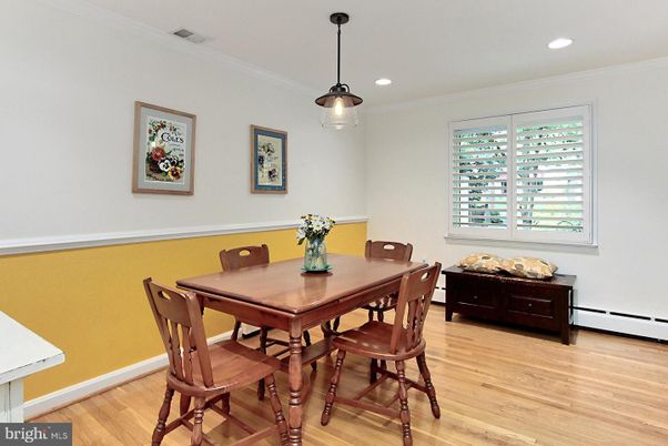 Dining room, Interior, Pendant Lights, Recessed Lighting, Wood Texture Flooring