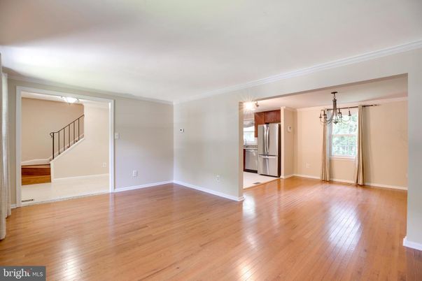 Chandelier, Empty room, Interior, Kitchen, Stainless Steel Appliances, Wood Texture Flooring