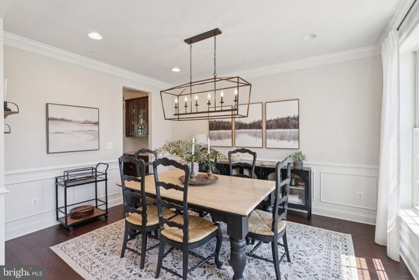 Dining room, Interior, Pendant Lights, Recessed Lighting, Wood Texture Flooring