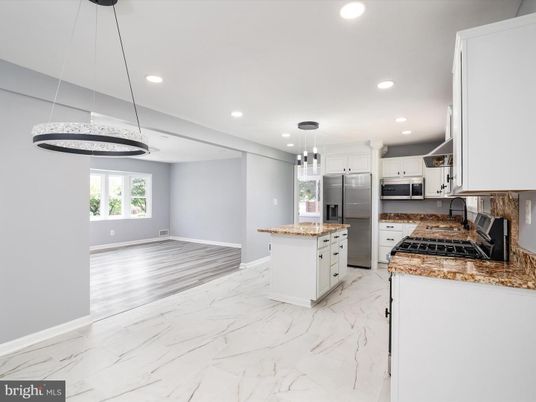 Interior, Kitchen, Marble, Pendant Lights, Recessed Lighting, Stainless Steel Appliances
