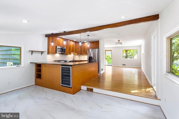 Interior, Kitchen, Marble, Pendant Lights, Recessed Lighting, Stainless Steel Appliances, Wood Texture Flooring
