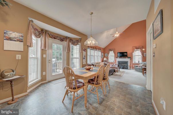 Dining room, Fireplace, Interior, Living room, Pendant Lights