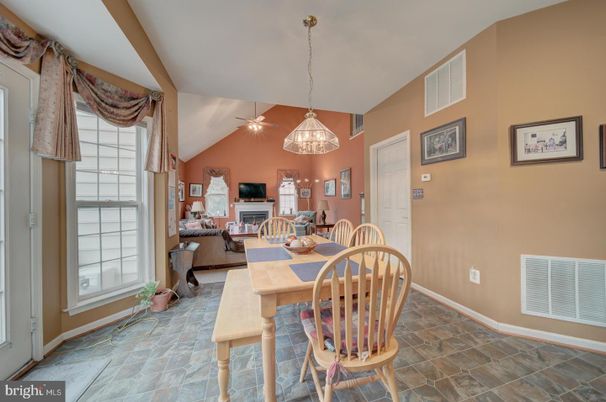 Dining room, Fireplace, Interior, Living room, Pendant Lights